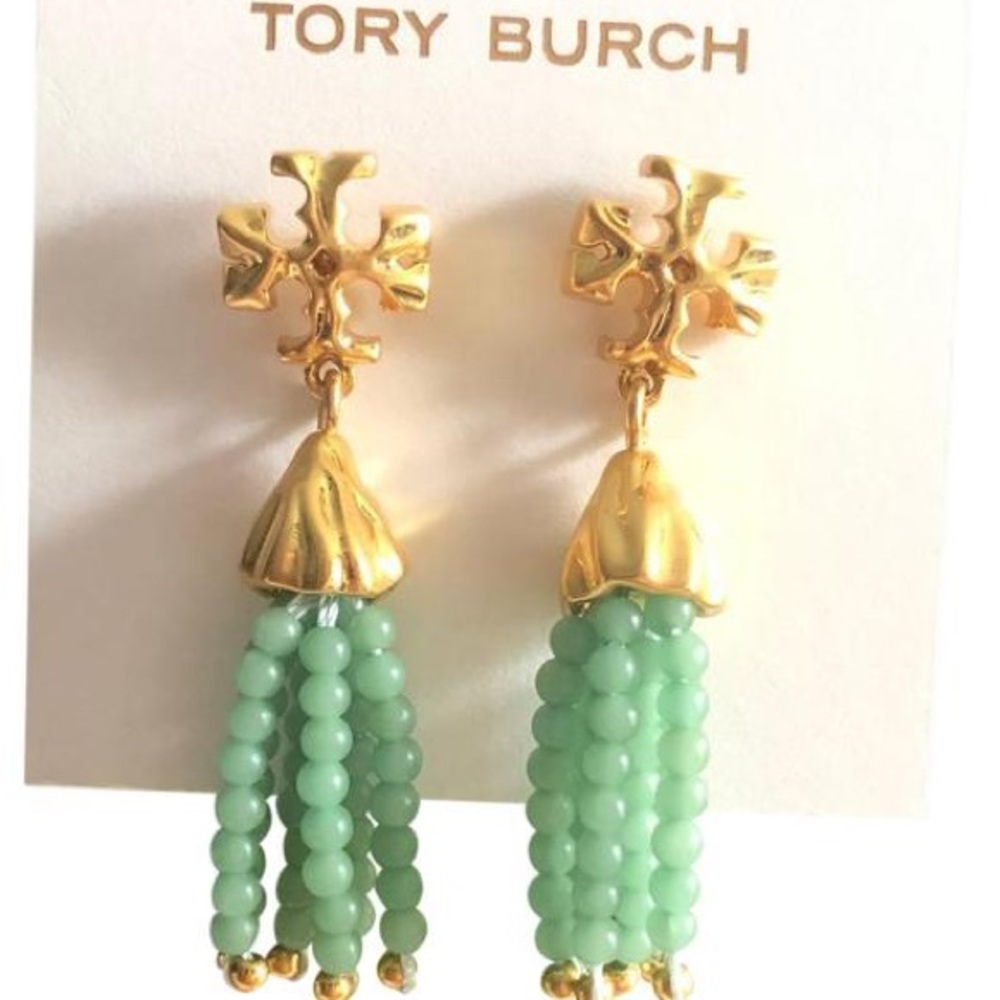 Tory Burch Gold Logo with Mint Green Beaded Tassel Earrings
